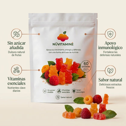 Beneficios de NÜVITAMINÉ: sin azúcar añadida, vitaminas esenciales, apoyo inmunológico y sabor natural