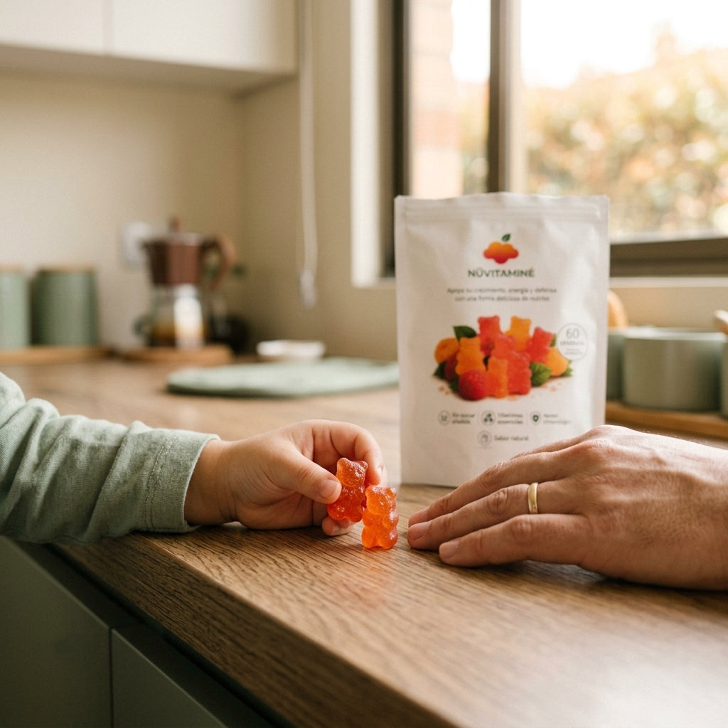 Papá compartiendo fruta con su hijo en la cocina, momento de rutina con NÜVITAMINÉ
