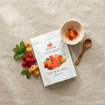 Bolsa de NÜVITAMINÉ sobre la mesa junto a gomitas y frutas